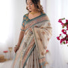 Elegant Sand Beige Linen Saree with Deep Green Border & Traditional Paisley Heritage Prints | Premium Festive & Cultural Wear