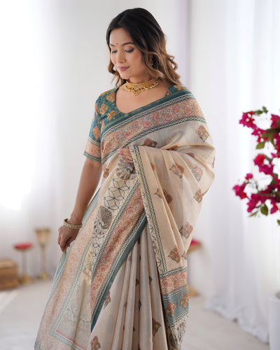 Elegant Sand Beige Linen Saree with Deep Green Border & Traditional Paisley Heritage Prints | Premium Festive & Cultural Wear