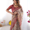 Classic Cream Linen Saree with Maroon Heritage Border & Artistic Kalamkari-Inspired Floral Prints | Premium Festive & Cultural Wear