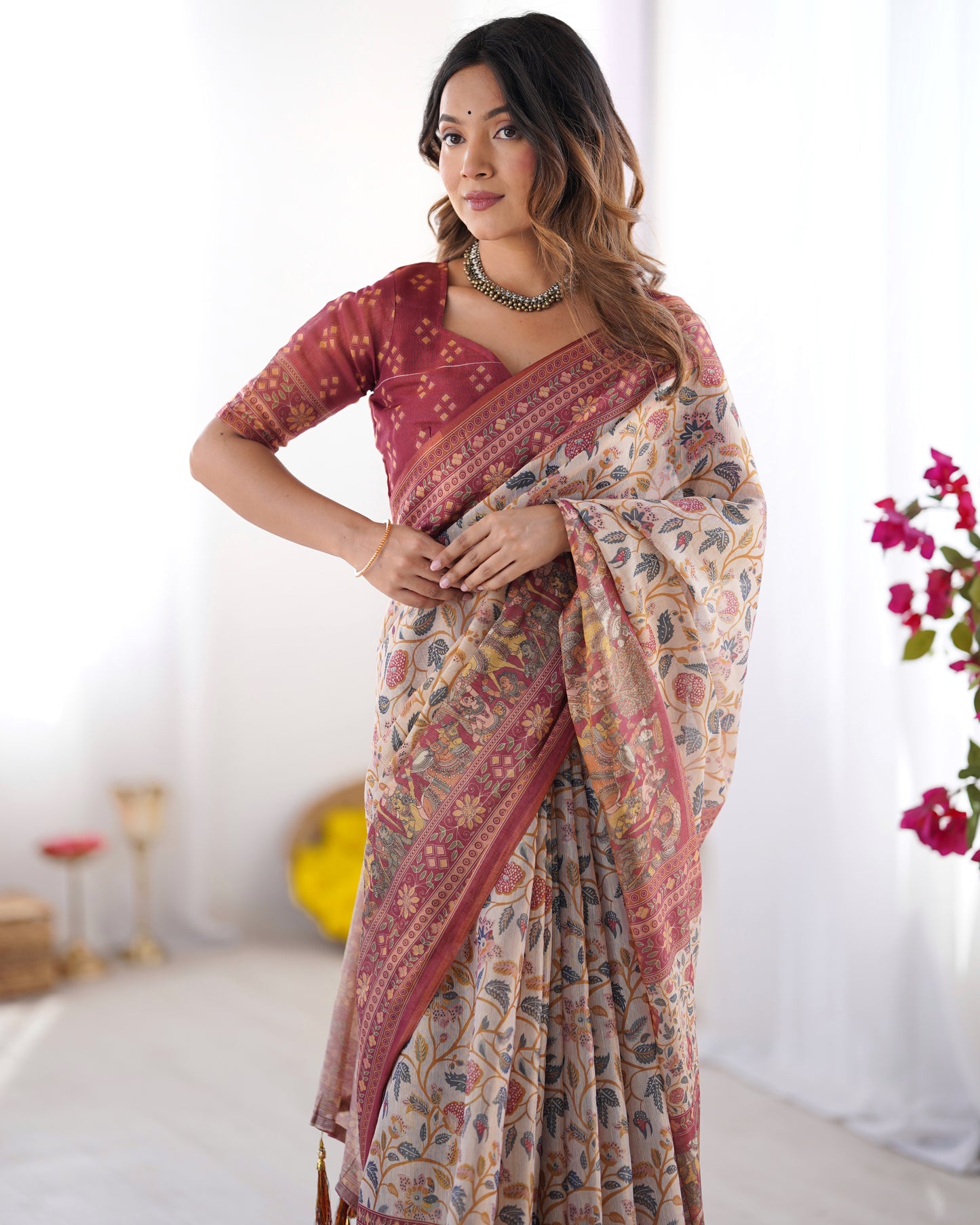 Classic Cream Linen Saree with Maroon Heritage Border & Artistic Kalamkari-Inspired Floral Prints | Premium Festive & Cultural Wear