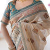 Elegant Sand Beige Linen Saree with Deep Green Border & Traditional Paisley Heritage Prints | Premium Festive & Cultural Wear