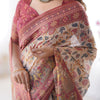 Classic Cream Linen Saree with Maroon Heritage Border & Artistic Kalamkari-Inspired Floral Prints | Premium Festive & Cultural Wear