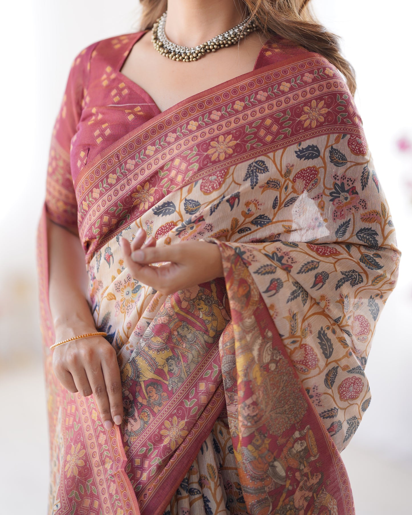 Classic Cream Linen Saree with Maroon Heritage Border & Artistic Kalamkari-Inspired Floral Prints | Premium Festive & Cultural Wear