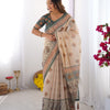 Elegant Sand Beige Linen Saree with Deep Green Border & Traditional Paisley Heritage Prints | Premium Festive & Cultural Wear