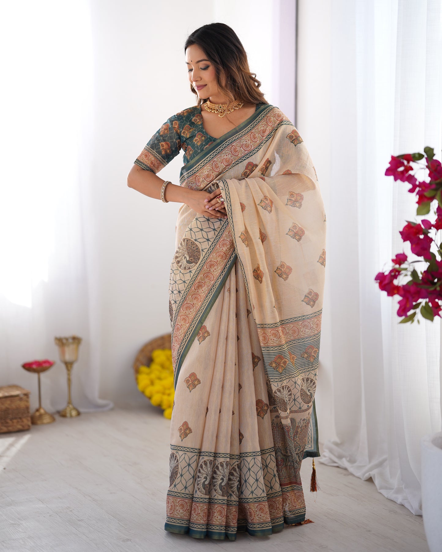 Elegant Sand Beige Linen Saree with Deep Green Border & Traditional Paisley Heritage Prints | Premium Festive & Cultural Wear