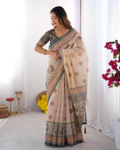 Elegant Sand Beige Linen Saree with Deep Green Border & Traditional Paisley Heritage Prints | Premium Festive & Cultural Wear
