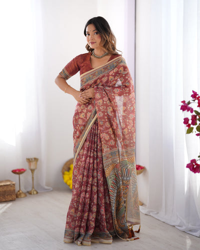 Rich Brick Red Linen Saree with Multicolor Heritage Border & Vintage Floral Print Detailing | Premium Festive & Elegant Wear