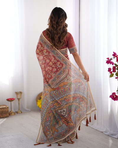 Rich Brick Red Linen Saree with Multicolor Heritage Border & Vintage Floral Print Detailing | Premium Festive & Elegant Wear