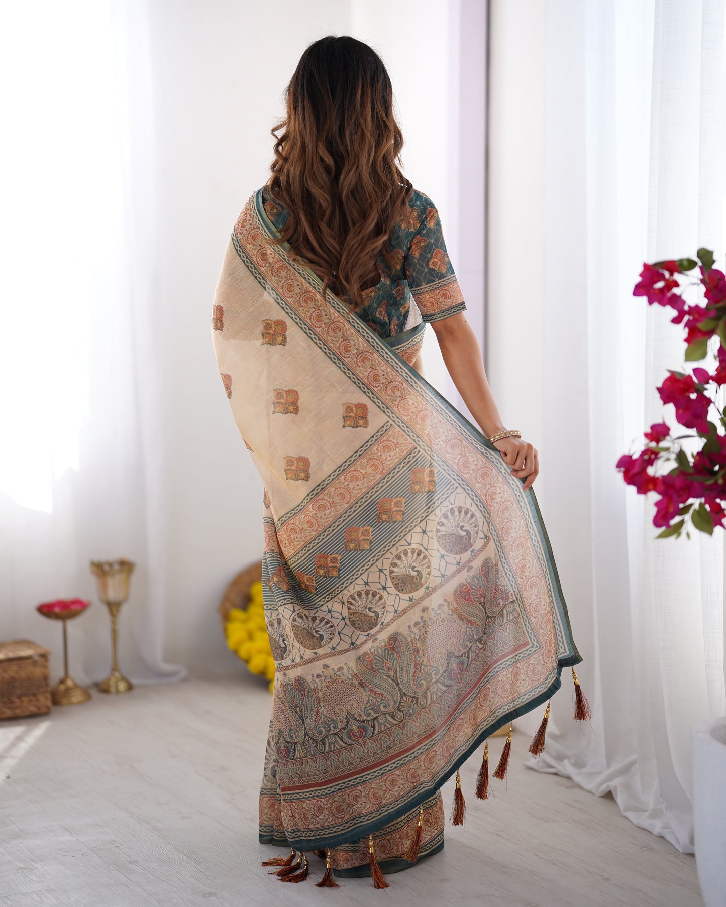 Elegant Sand Beige Linen Saree with Deep Green Border & Traditional Paisley Heritage Prints | Premium Festive & Cultural Wear