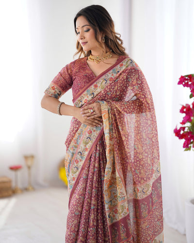 Royal Wine Maroon Linen Saree with Multicolor Heritage Border & Intricate Floral Butta Prints | Premium Festive & Elegant Wear
