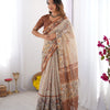 Elegant Sand Beige Linen Saree with Rust Brown Paisley Border & Heritage Animal Motif Prints | Premium Cultural & Festive Wear