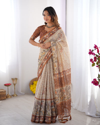 Elegant Sand Beige Linen Saree with Rust Brown Paisley Border & Heritage Animal Motif Prints | Premium Cultural & Festive Wear