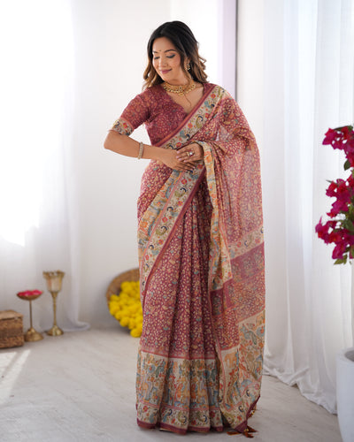 Royal Wine Maroon Linen Saree with Multicolor Heritage Border & Intricate Floral Butta Prints | Premium Festive & Elegant Wear