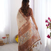 Elegant Sand Beige Linen Saree with Rust Brown Paisley Border & Heritage Animal Motif Prints | Premium Cultural & Festive Wear