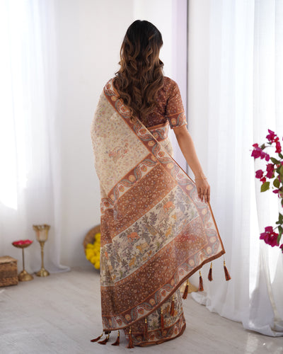 Elegant Sand Beige Linen Saree with Rust Brown Paisley Border & Heritage Animal Motif Prints | Premium Cultural & Festive Wear