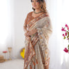 Elegant Sand Beige Linen Saree with Rust Brown Paisley Border & Heritage Animal Motif Prints | Premium Cultural & Festive Wear