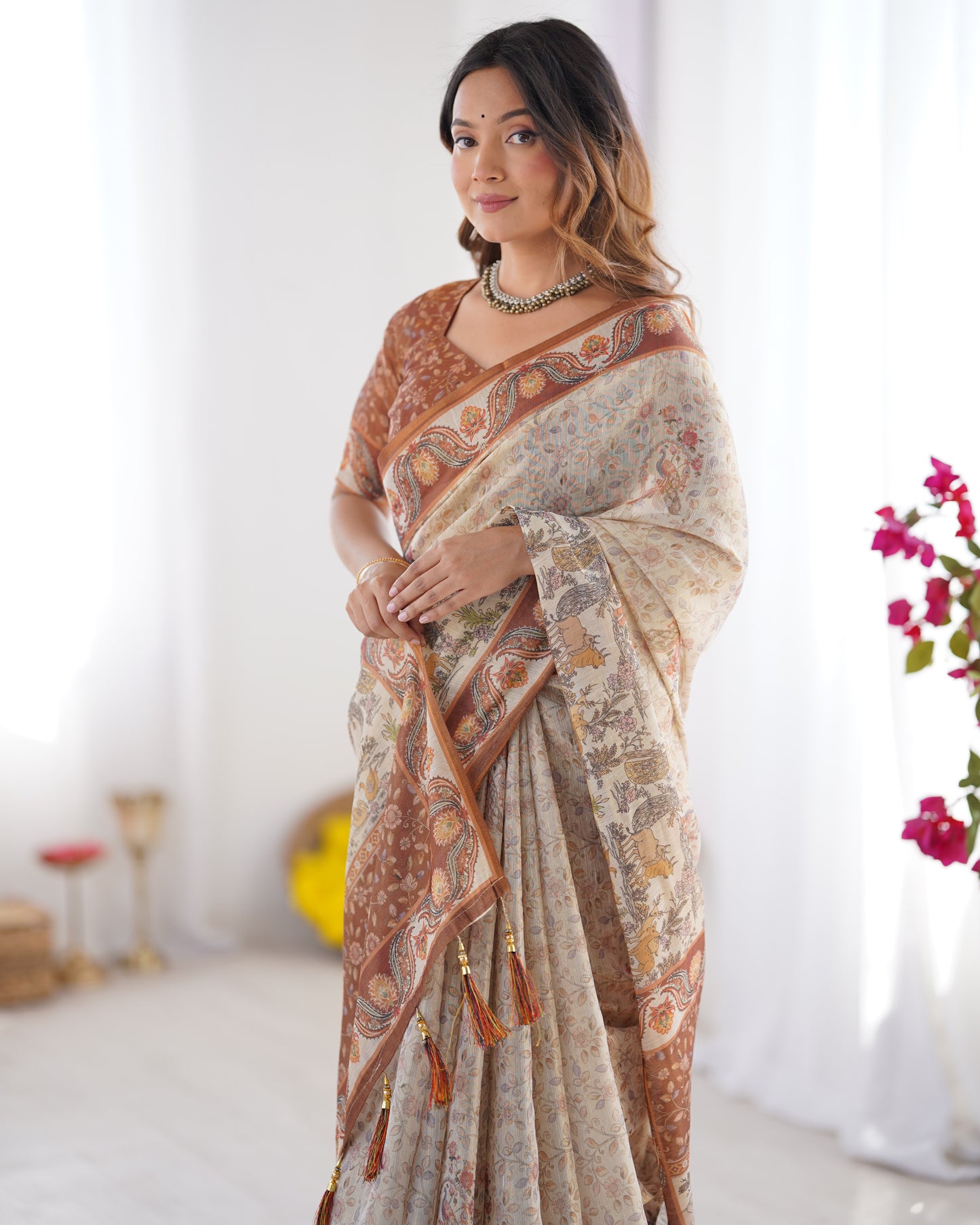 Elegant Sand Beige Linen Saree with Rust Brown Paisley Border & Heritage Animal Motif Prints | Premium Cultural & Festive Wear