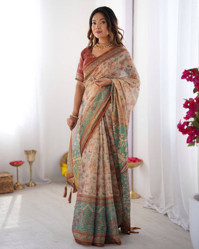 Classic Beige Linen Saree with Teal Green Heritage Border & Traditional Story Print Detailing | Premium Cultural & Festive Wear