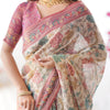 Elegant Cream Beige Linen Saree with Rose Pink Floral Border & Multicolor Botanical Print | Premium Festive & Day Elegance Wear