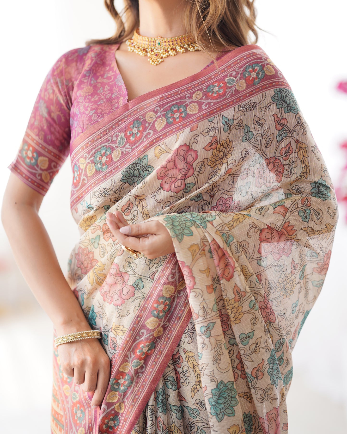 Elegant Cream Beige Linen Saree with Rose Pink Floral Border & Multicolor Botanical Print | Premium Festive & Day Elegance Wear
