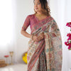 Elegant Cream Beige Linen Saree with Rose Pink Floral Border & Multicolor Botanical Print | Premium Festive & Day Elegance Wear