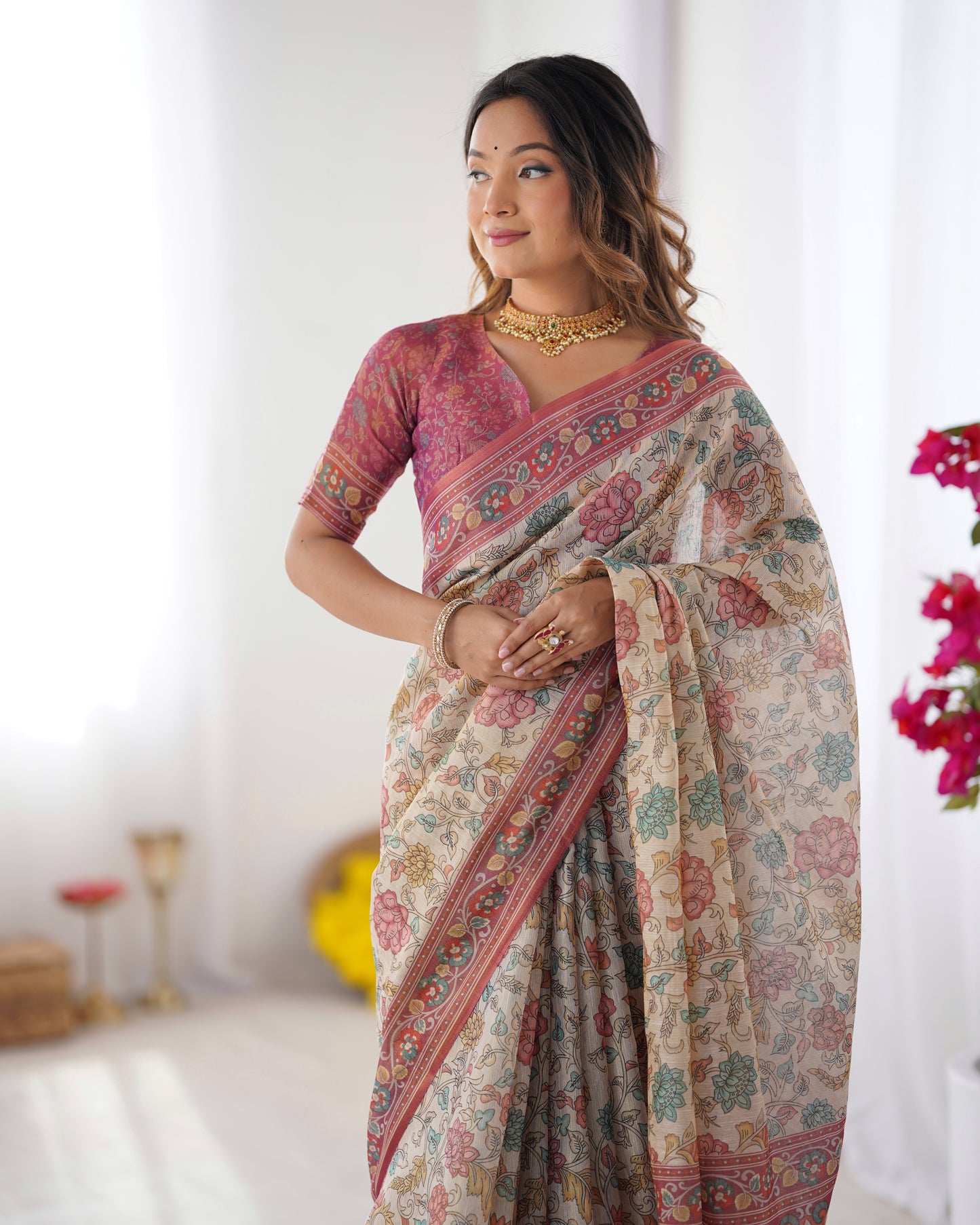 Elegant Cream Beige Linen Saree with Rose Pink Floral Border & Multicolor Botanical Print | Premium Festive & Day Elegance Wear