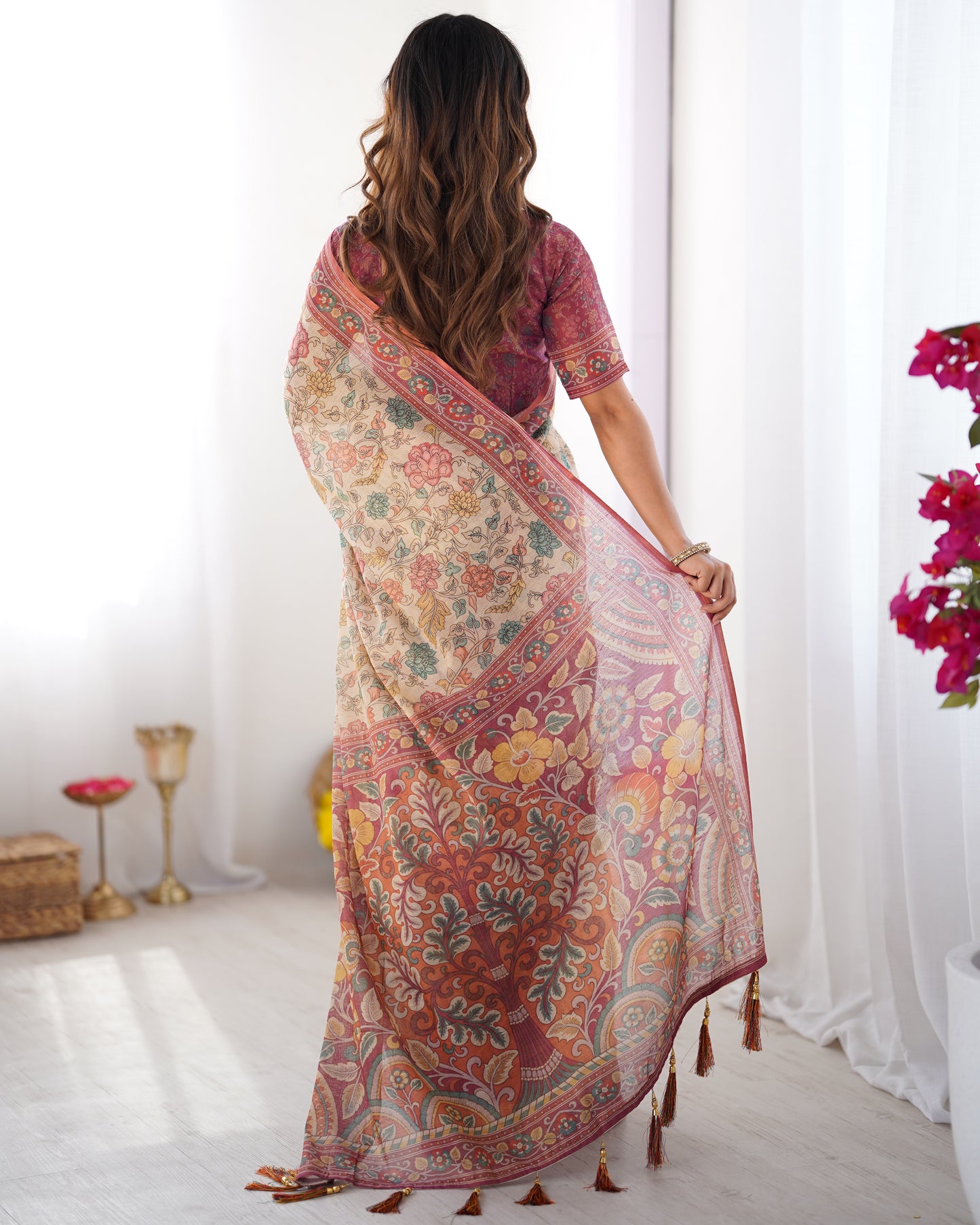 Elegant Cream Beige Linen Saree with Rose Pink Floral Border & Multicolor Botanical Print | Premium Festive & Day Elegance Wear