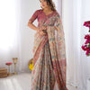 Elegant Cream Beige Linen Saree with Rose Pink Floral Border & Multicolor Botanical Print | Premium Festive & Day Elegance Wear