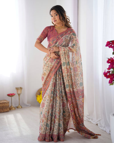 Elegant Cream Beige Linen Saree with Rose Pink Floral Border & Multicolor Botanical Print | Premium Festive & Day Elegance Wear