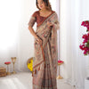 Heritage Beige Linen Saree with Rust Brown Artistic Border & Traditional Figurative Story Prints | Premium Cultural & Festive Wear