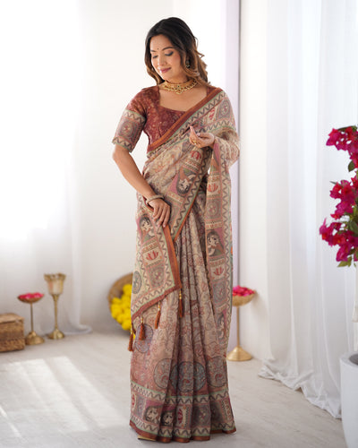 Heritage Beige Linen Saree with Rust Brown Artistic Border & Traditional Figurative Story Prints | Premium Cultural & Festive Wear
