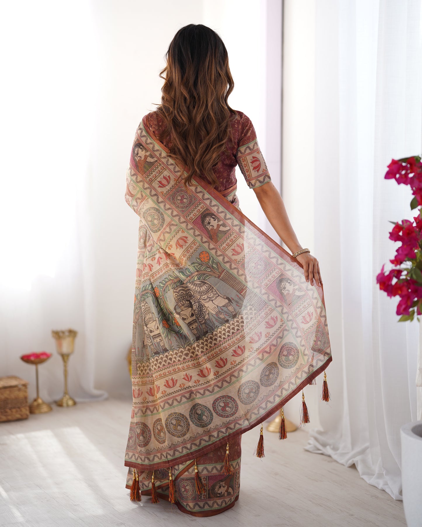 Heritage Beige Linen Saree with Rust Brown Artistic Border & Traditional Figurative Story Prints | Premium Cultural & Festive Wear
