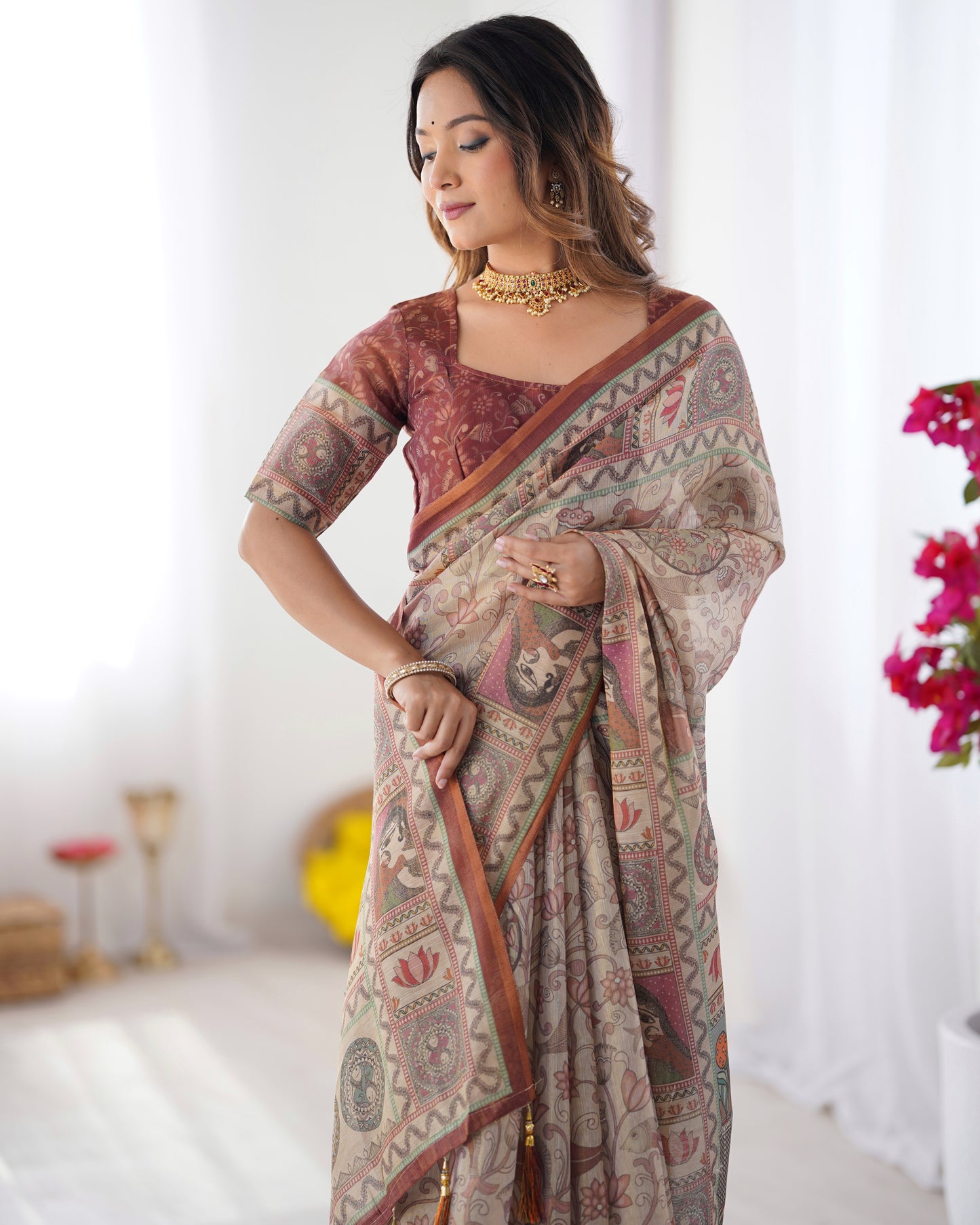 Heritage Beige Linen Saree with Rust Brown Artistic Border & Traditional Figurative Story Prints | Premium Cultural & Festive Wear