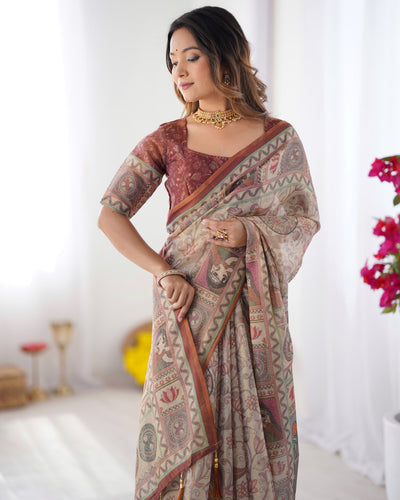 Heritage Beige Linen Saree with Rust Brown Artistic Border & Traditional Figurative Story Prints | Premium Cultural & Festive Wear