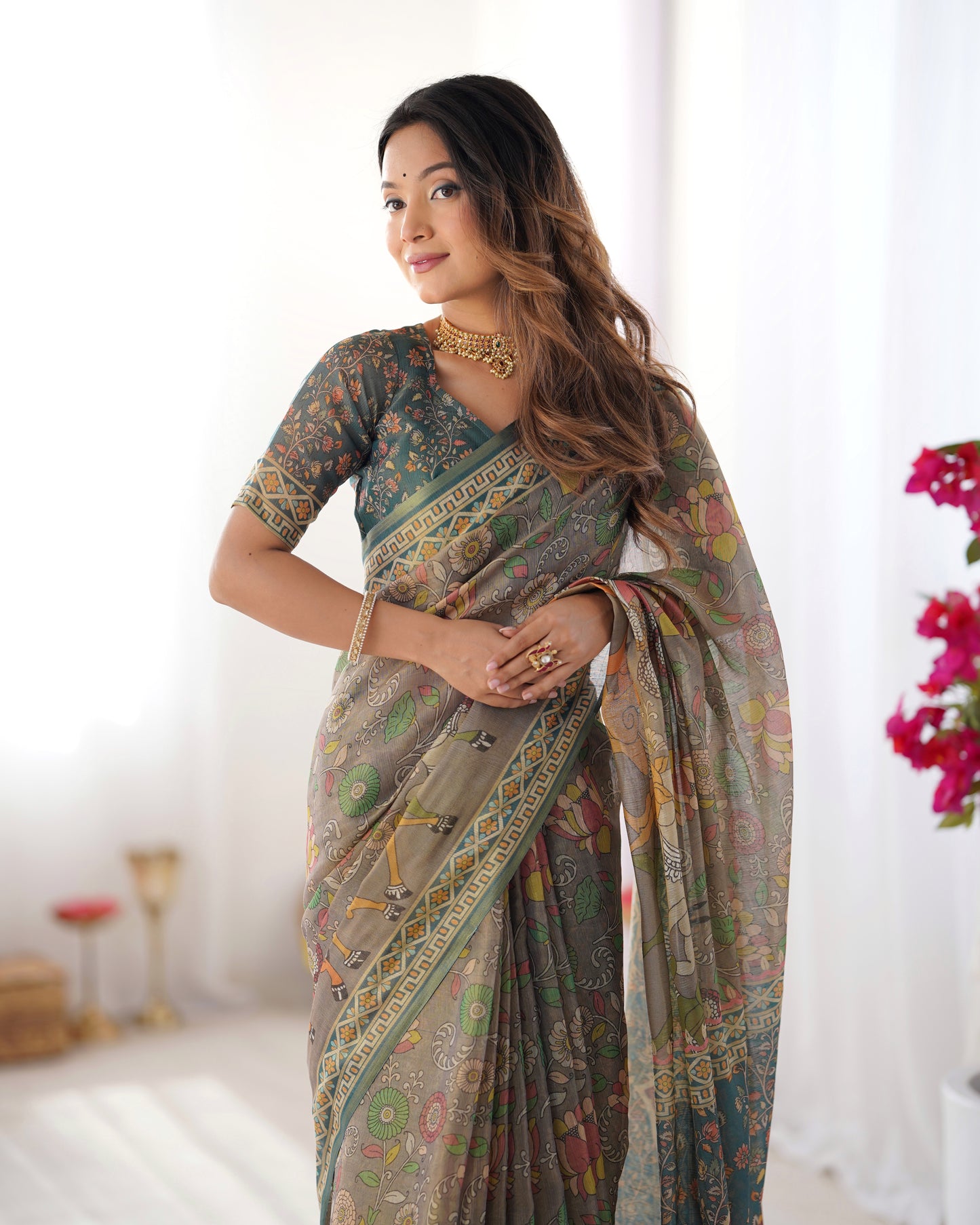 Earthy Olive Brown Linen Saree with Teal Green Heritage Border & Artistic Elephant Motif Prints | Premium Cultural & Festive Wear
