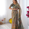Earthy Olive Brown Linen Saree with Teal Green Heritage Border & Artistic Elephant Motif Prints | Premium Cultural & Festive Wear