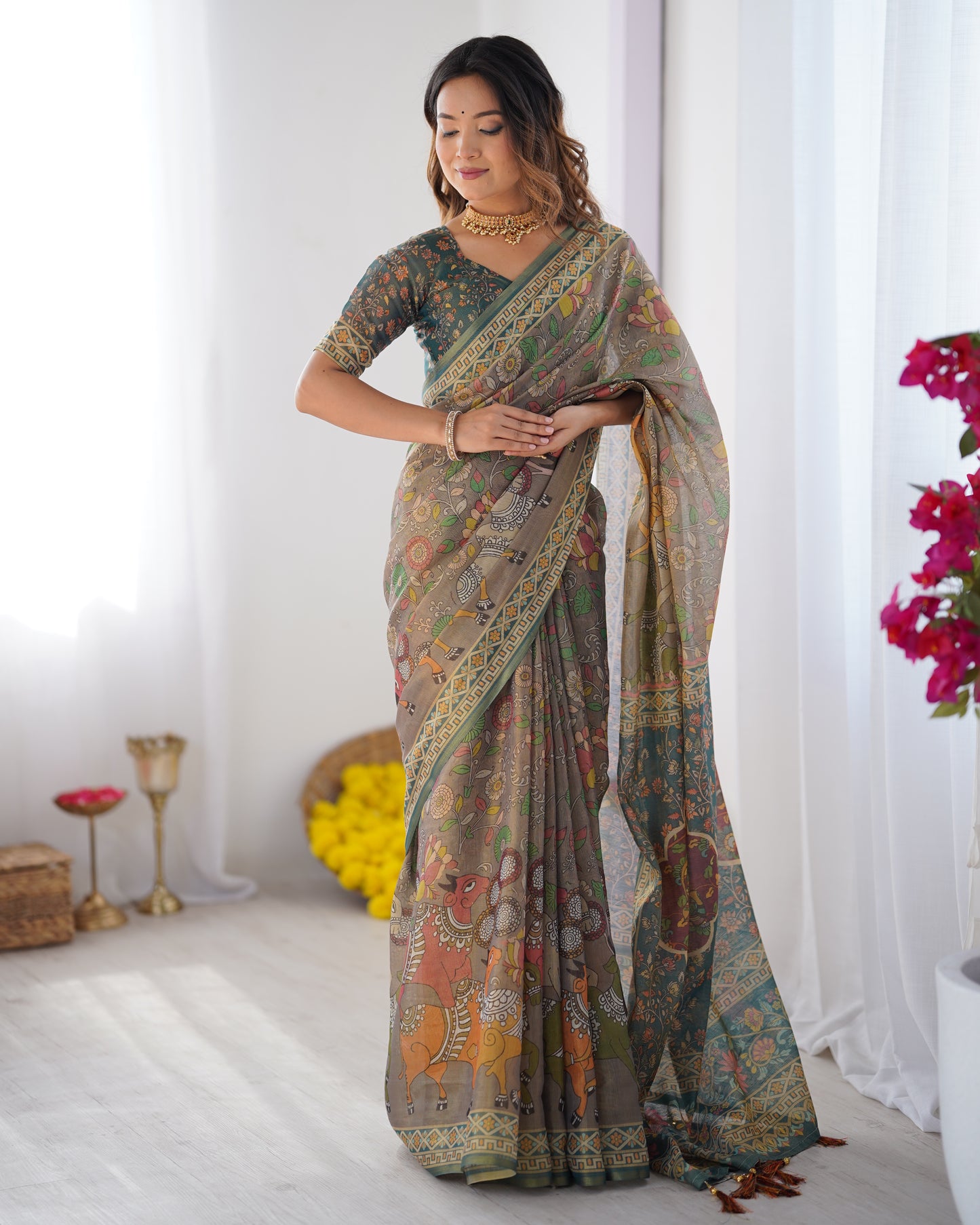 Earthy Olive Brown Linen Saree with Teal Green Heritage Border & Artistic Elephant Motif Prints | Premium Cultural & Festive Wear