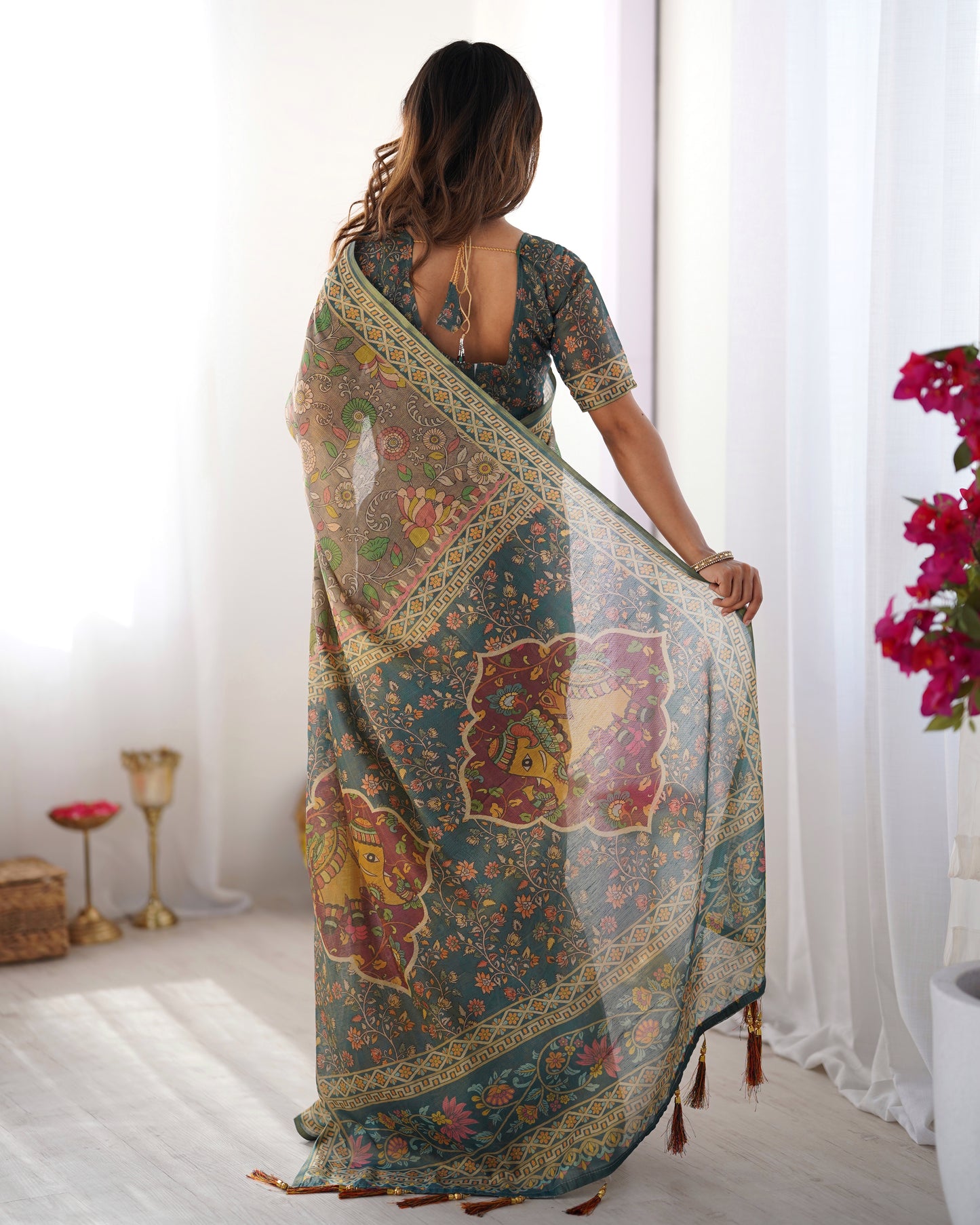 Earthy Olive Brown Linen Saree with Teal Green Heritage Border & Artistic Elephant Motif Prints | Premium Cultural & Festive Wear