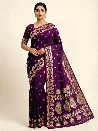Royal Purple Silk Saree with Luxurious Gold Zari Floral & Peacock Border
