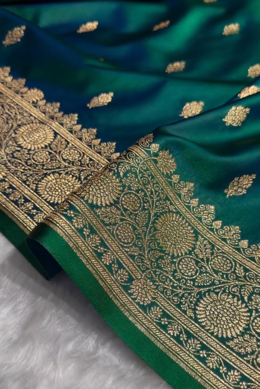 Emerald Green Banarasi Silk Saree with Gold Zari Buti & Traditional Woven Border