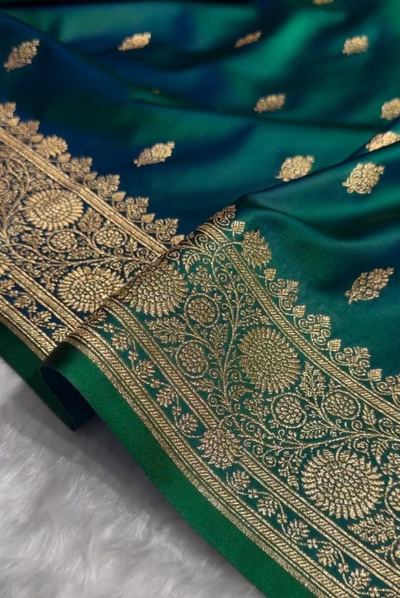Emerald Green Banarasi Silk Saree with Gold Zari Buti & Traditional Woven Border