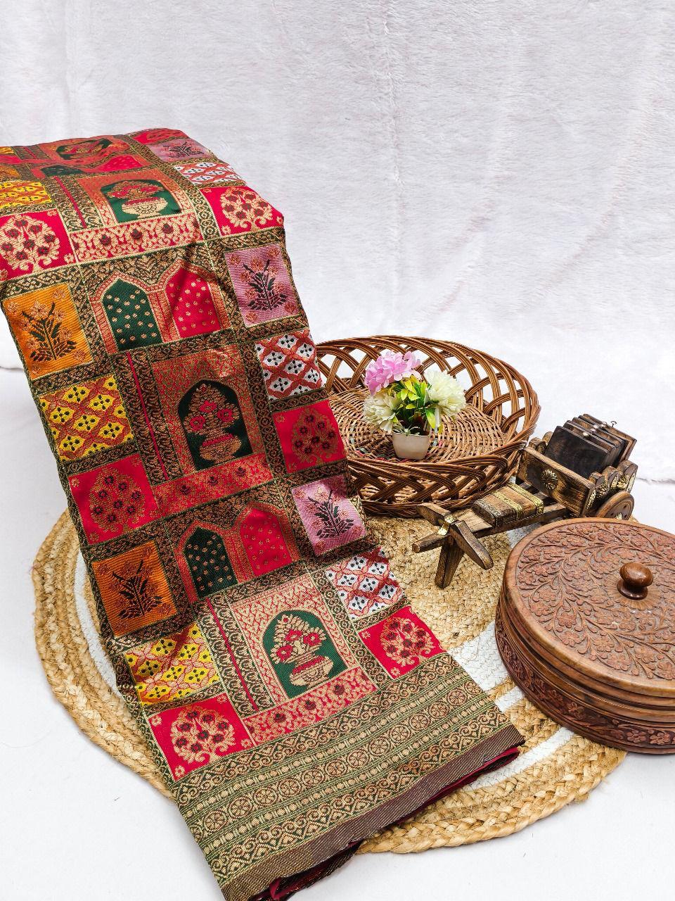 Royal Heritage Silk Blend Saree with Mughal Architectural Prints & Rich Zari Border