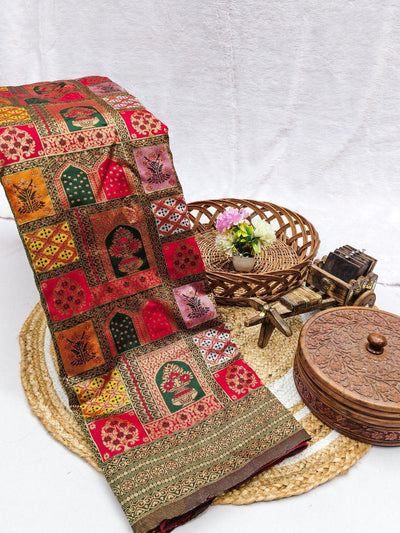 Royal Heritage Silk Blend Saree with Mughal Architectural Prints & Rich Zari Border