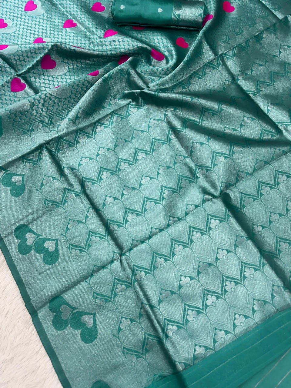 Sea Green Heart Motif Woven Silk Saree with Matching Blouse