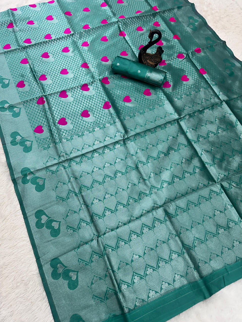 Sea Green Heart Motif Woven Silk Saree with Matching Blouse