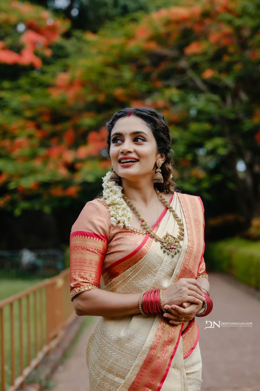 Cream and Peach Silk Saree with Pink Woven Border