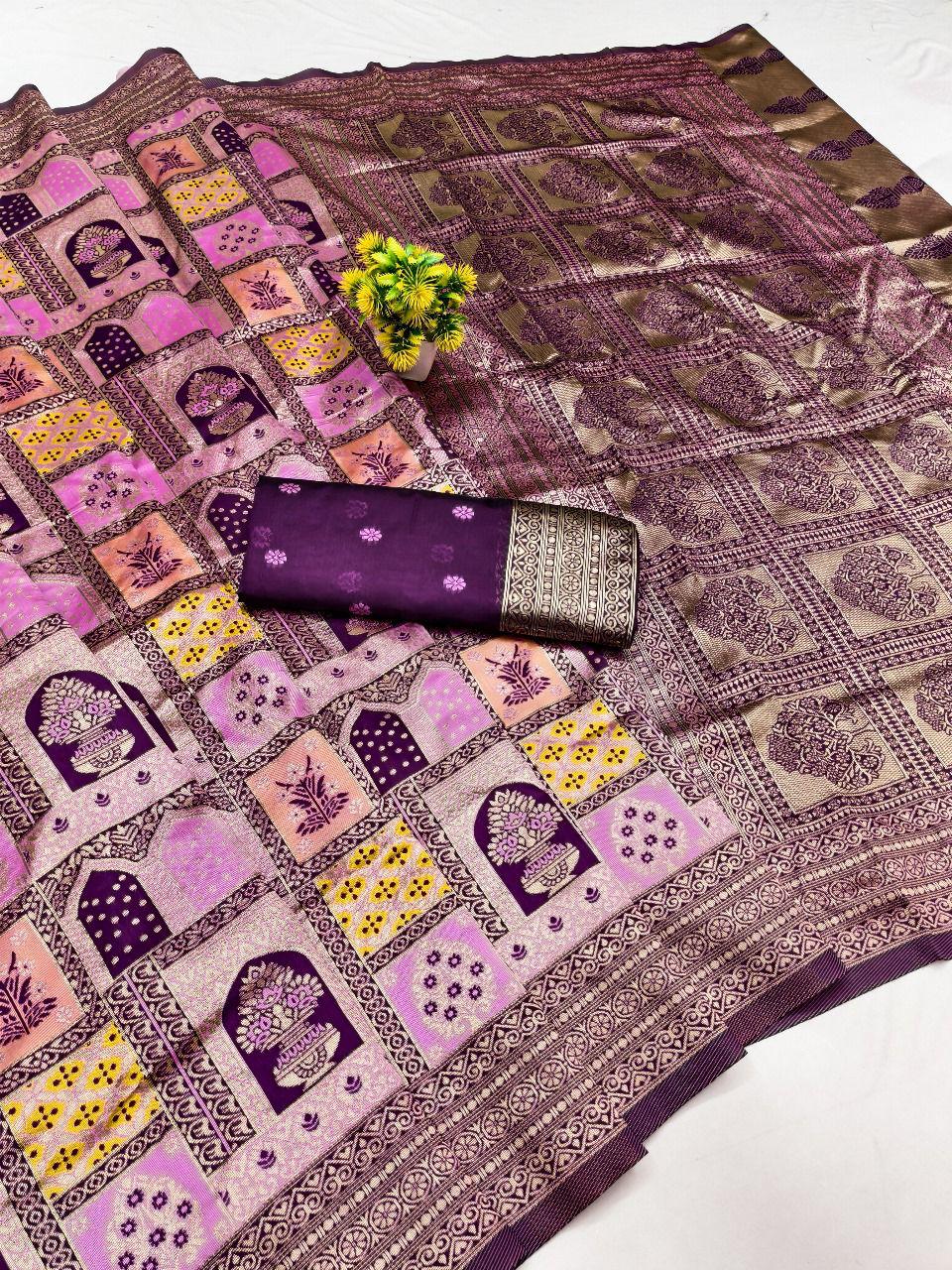 Elegant Wine & Purple Silk Blend Saree with Floral Block Print and Zari Border