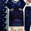 Navy Blue Velvet Kurti Pant Set with Embroidered Dupatta – Festive & Party Wear