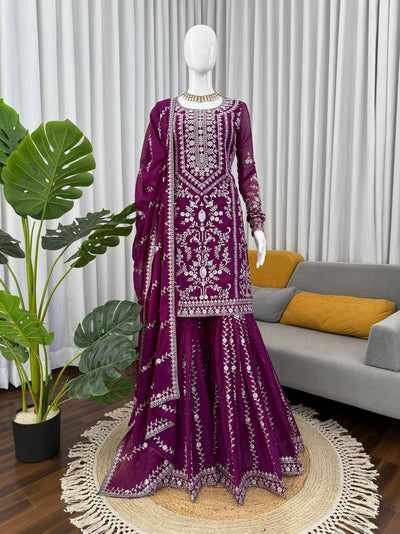 Elegant Embroidered Kurti Sharara Set with Dupatta – Premium Party Wear (Wine & Black Color Options)