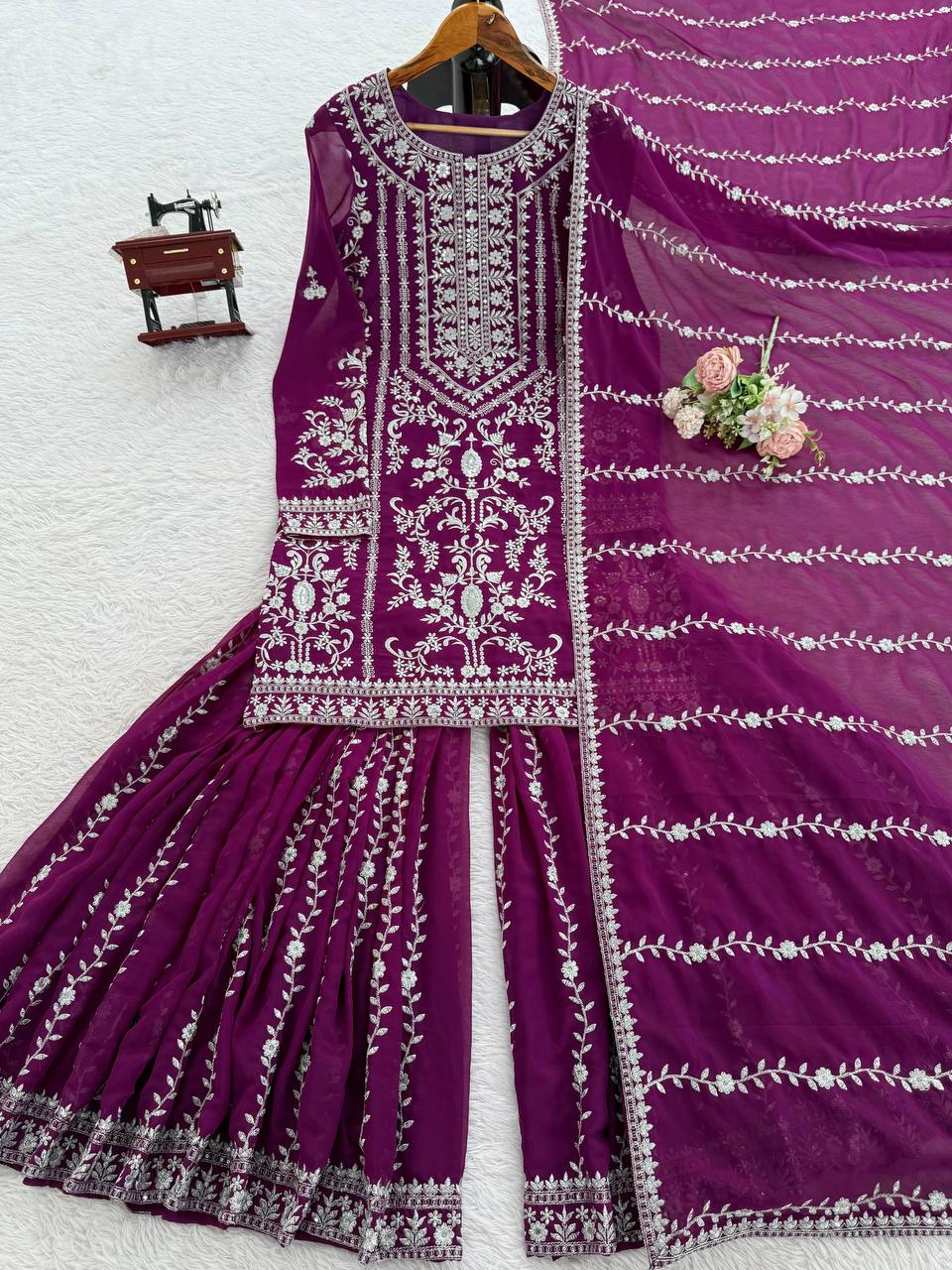 Elegant Embroidered Kurti Sharara Set with Dupatta – Premium Party Wear (Wine & Black Color Options)